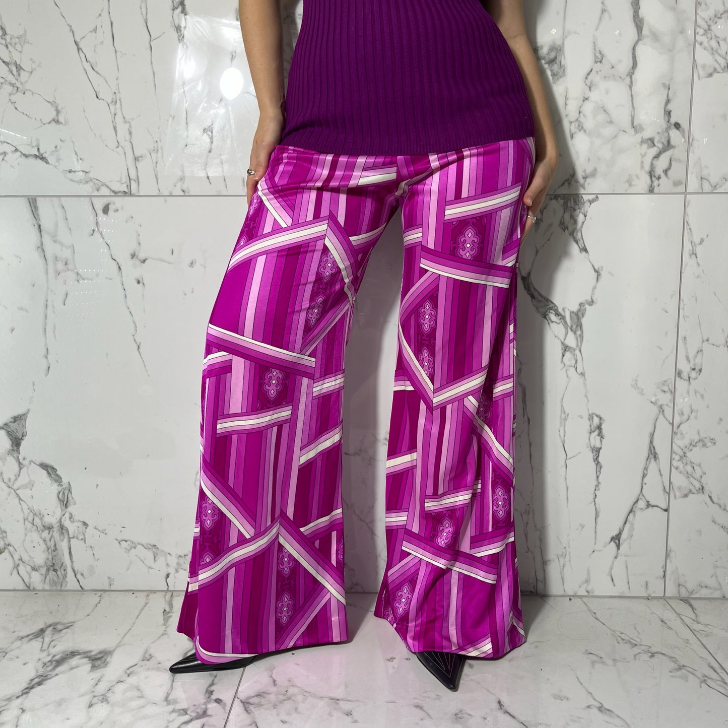 Vintage pink abstract print polyester high waisted flare pants