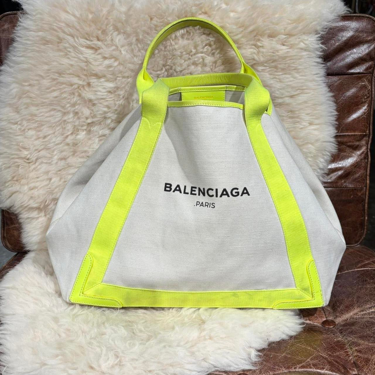 Balenciaga off white and neon yellow large tote with attached pouch