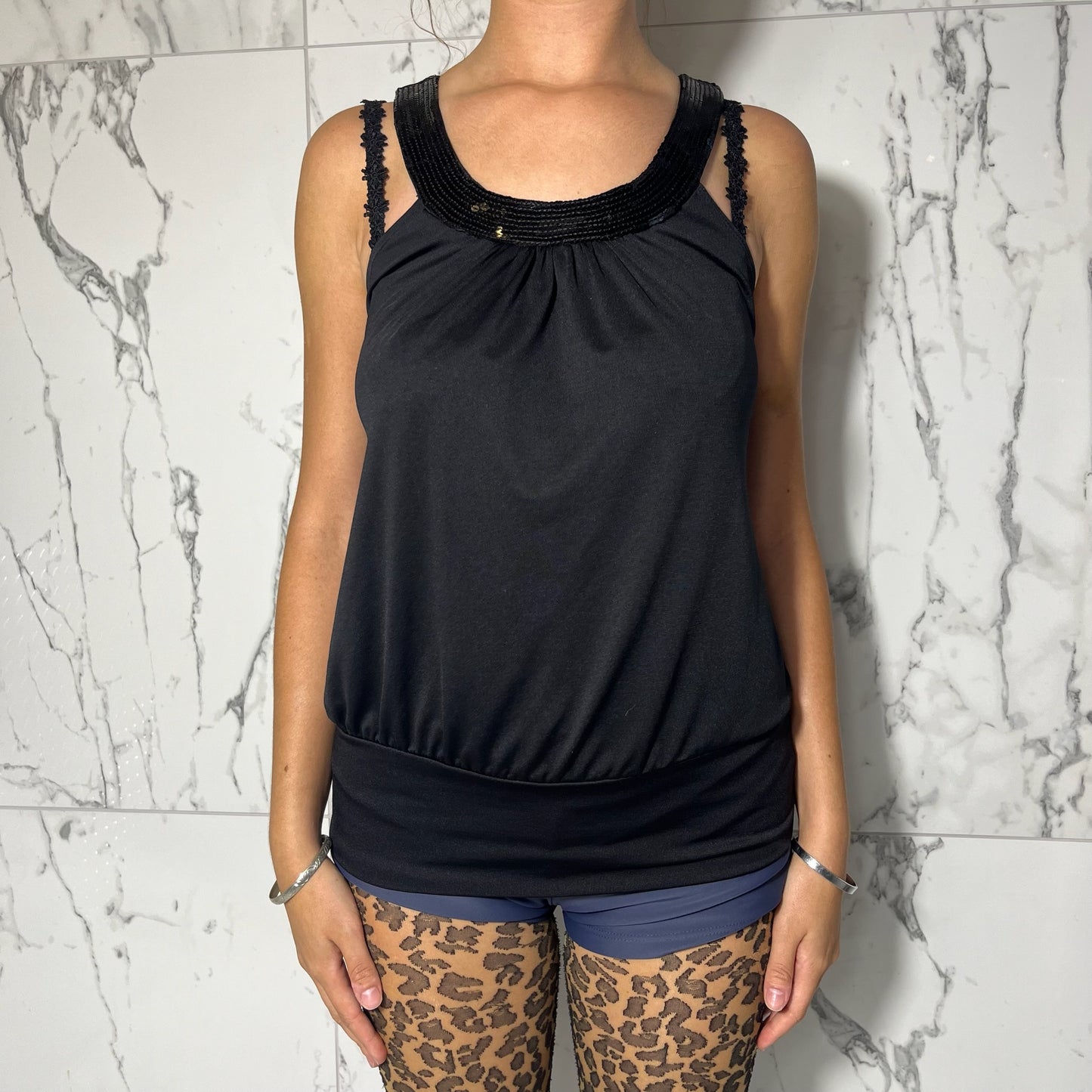 L8ter black bubble tank top with sequin neckline