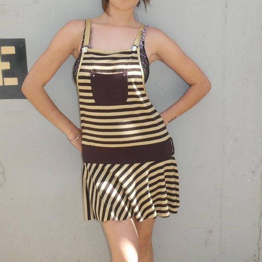 Miss Berge Brown and gold knit drop waist overall mini dress