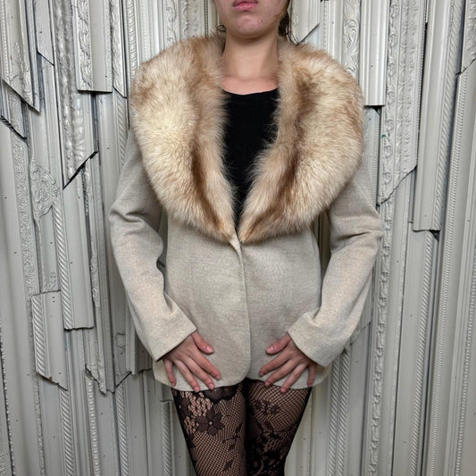 Esther’s 100% wool tan blazer with single button and faux fur collar