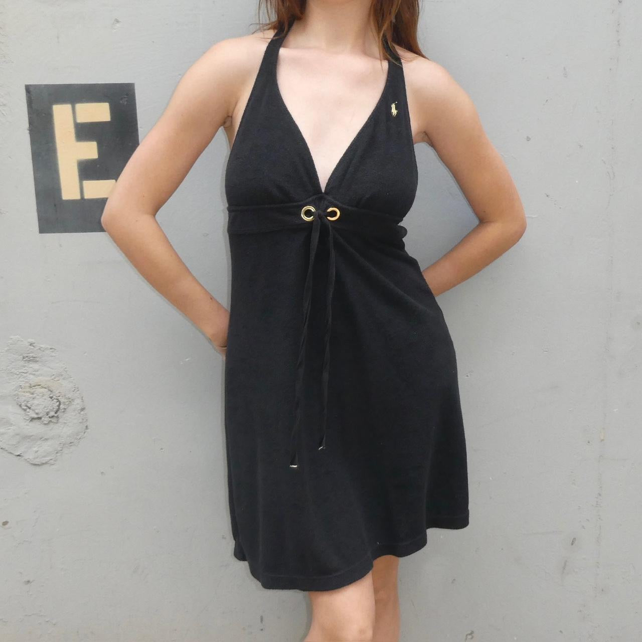 Ralph Lauren Black terry cloth tie neck halter dress