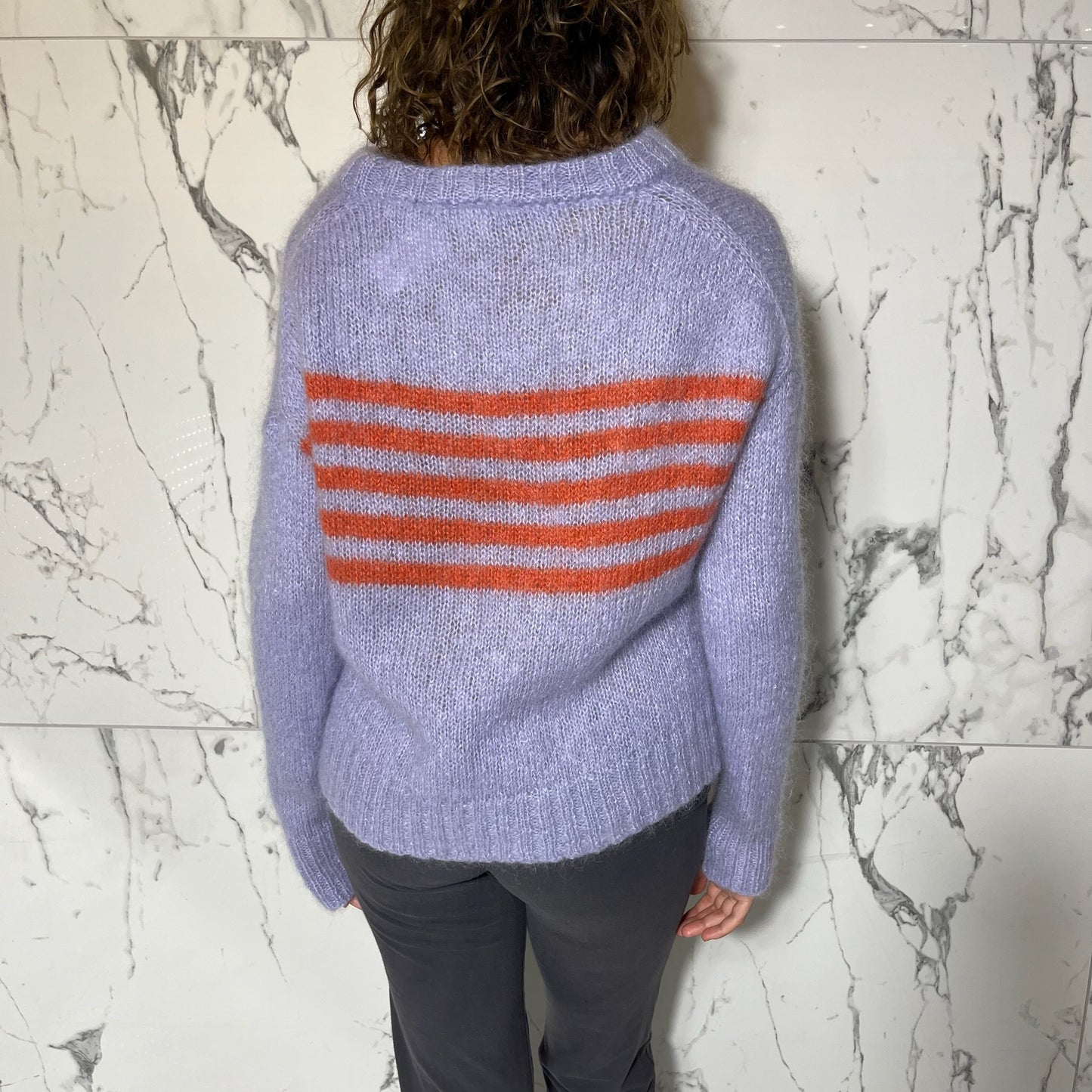 Ganni fuzzy purple knit sweater with orange stripes