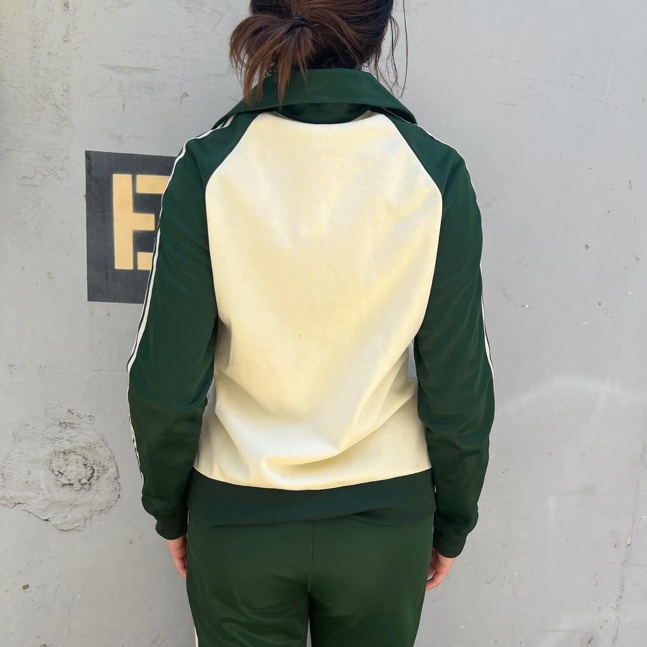 Vintage Adidas 70s dark green and white two piece jacket and pants track suit