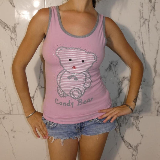 “Candy Bear” Y2K pink tank top and grey trim
