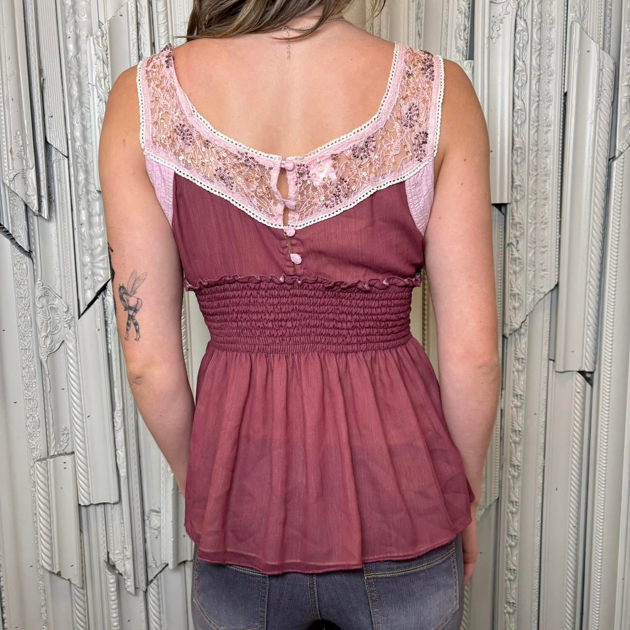 Nolita plum and pink blouse with elastic waist, beaded lace detailing