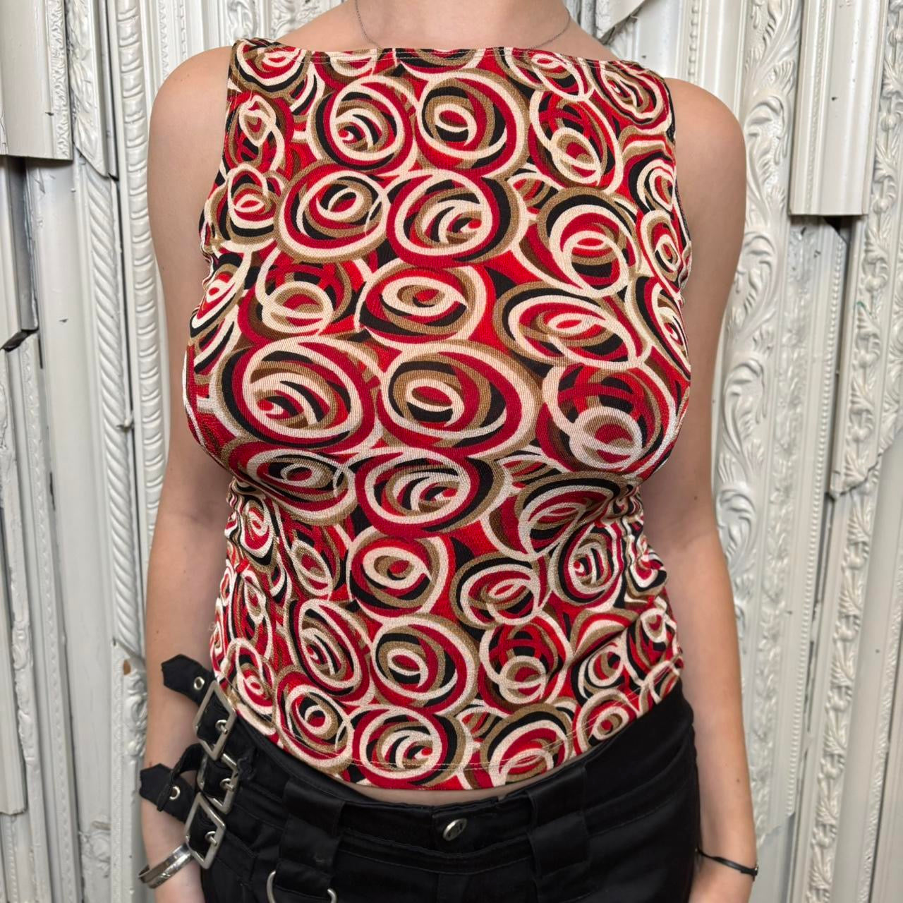 Eye Candy red, black and tan abstract print boat neck tank top