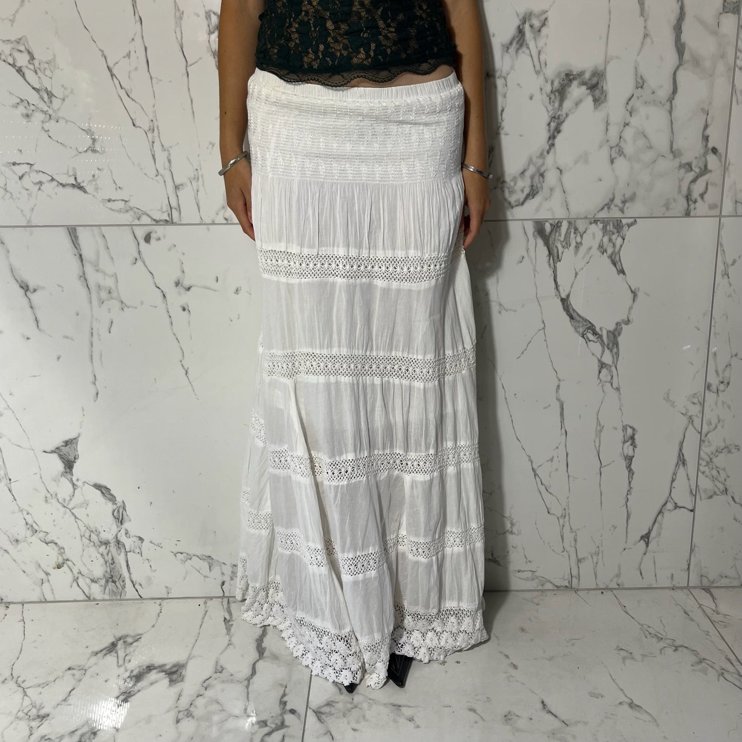 White diamonds tiered maxi skirt with crochet detailing