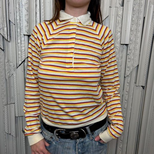 CIA polyester spandex blend multicolor striped 70’s button down collared polo