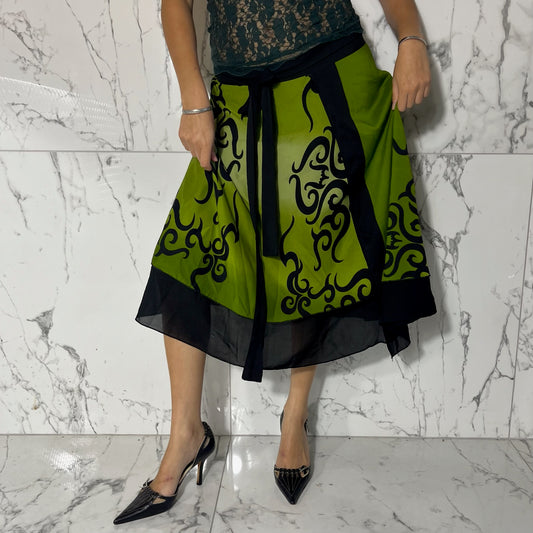 90’s green & black silky midi wrap skirt