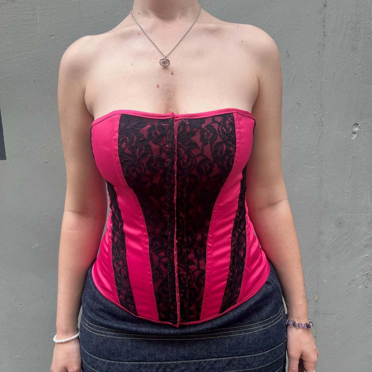 Charlotte Russe Y2K pink and black lace corset top