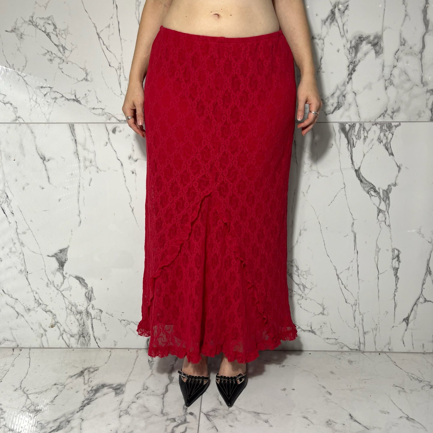 Ivu Jane red floral lace maxi skirt