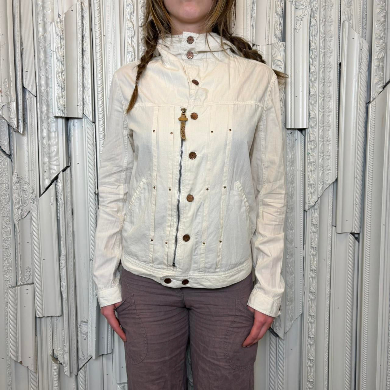 Diesel white zip up and button down jacket with large embroidery print