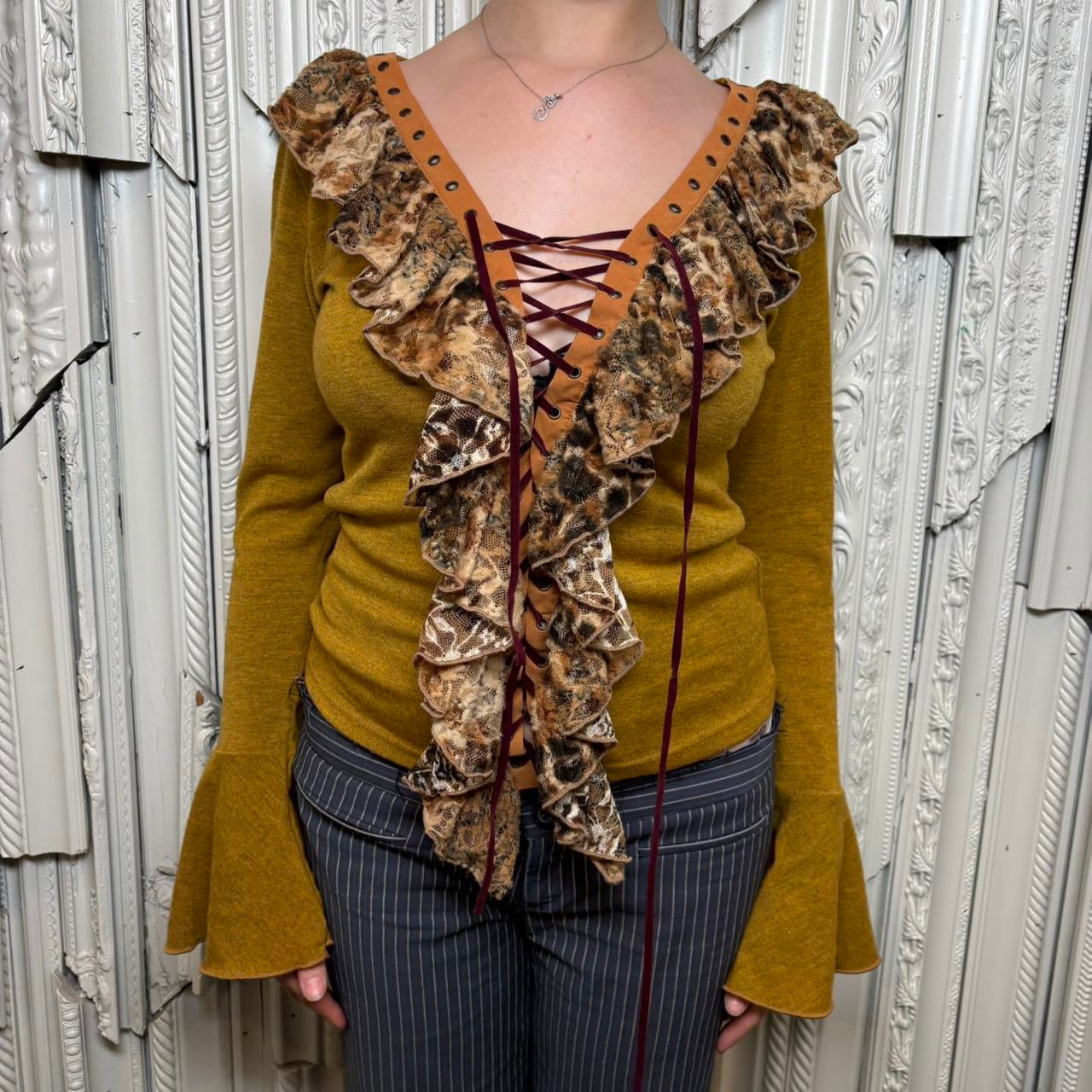 Tip Tool mustard yellow v neck full lace up blouse