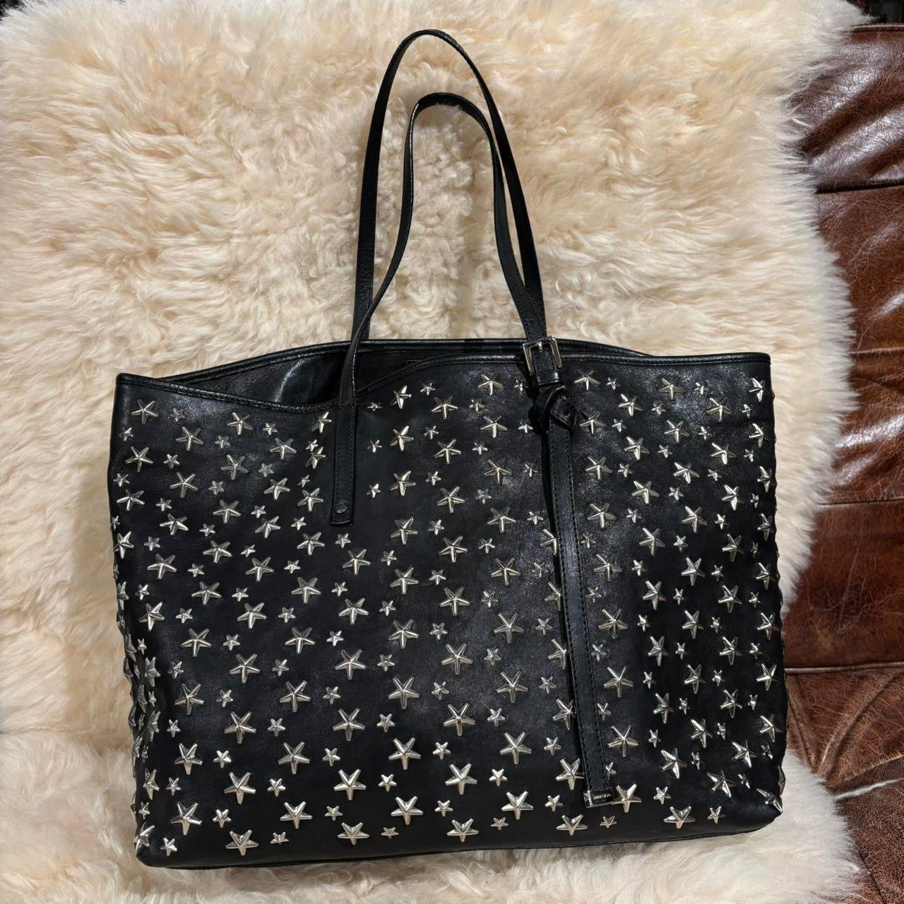 Jimmy Choo black leather tote bag with silver star studs all over