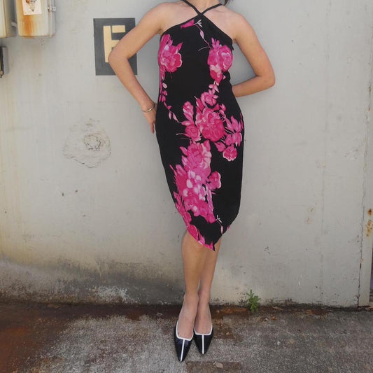 Y2K black and pink floral print, asymmetric hem and high neck midi dress