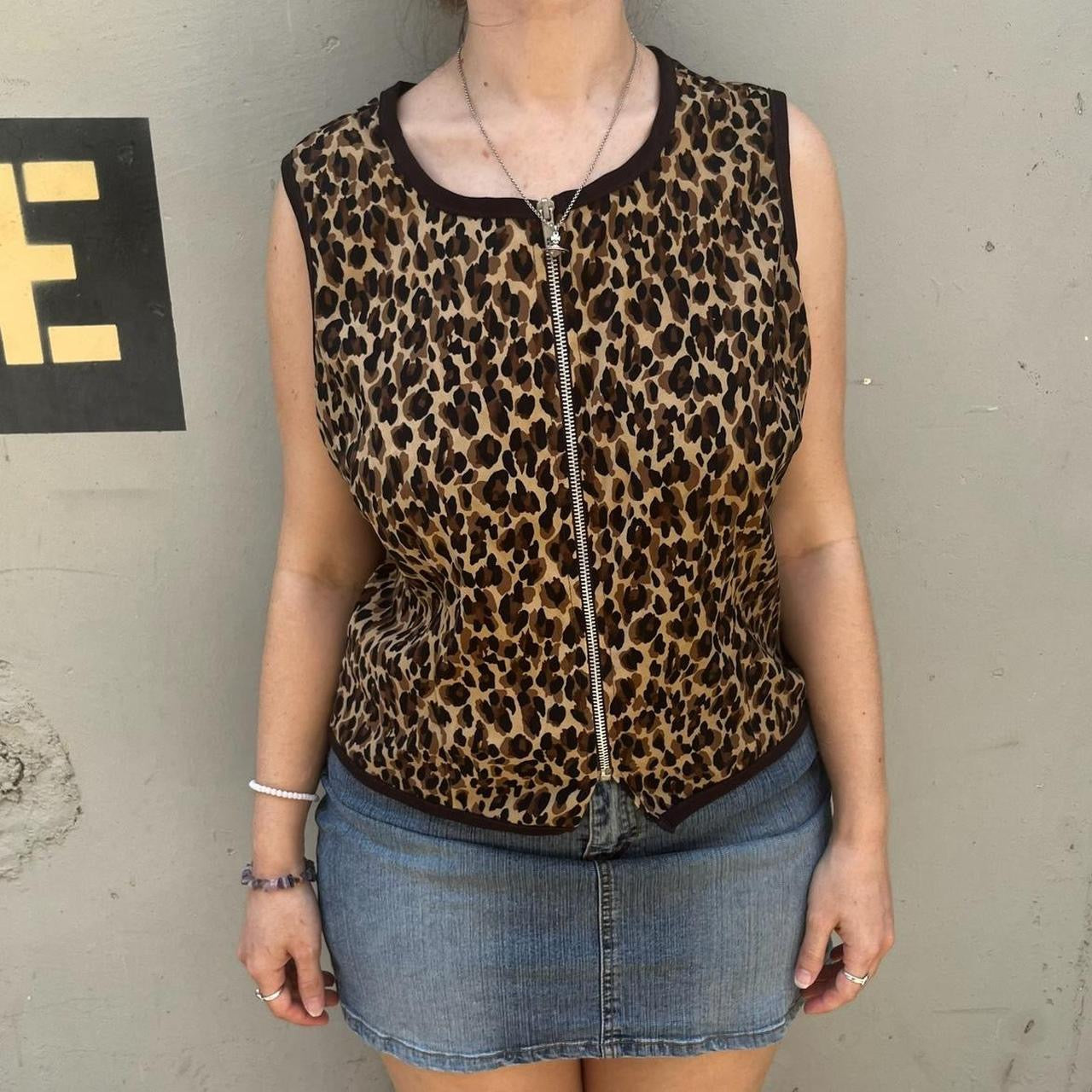 Vanity Brown and cream cheetah print zip up vest top