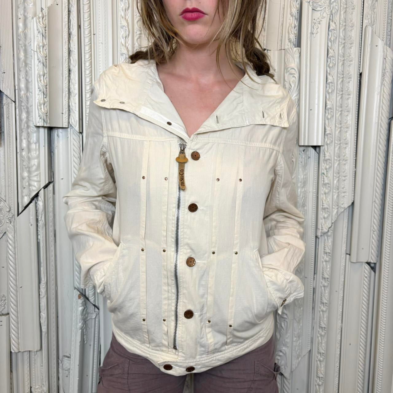 Diesel white zip up and button down jacket with large embroidery print