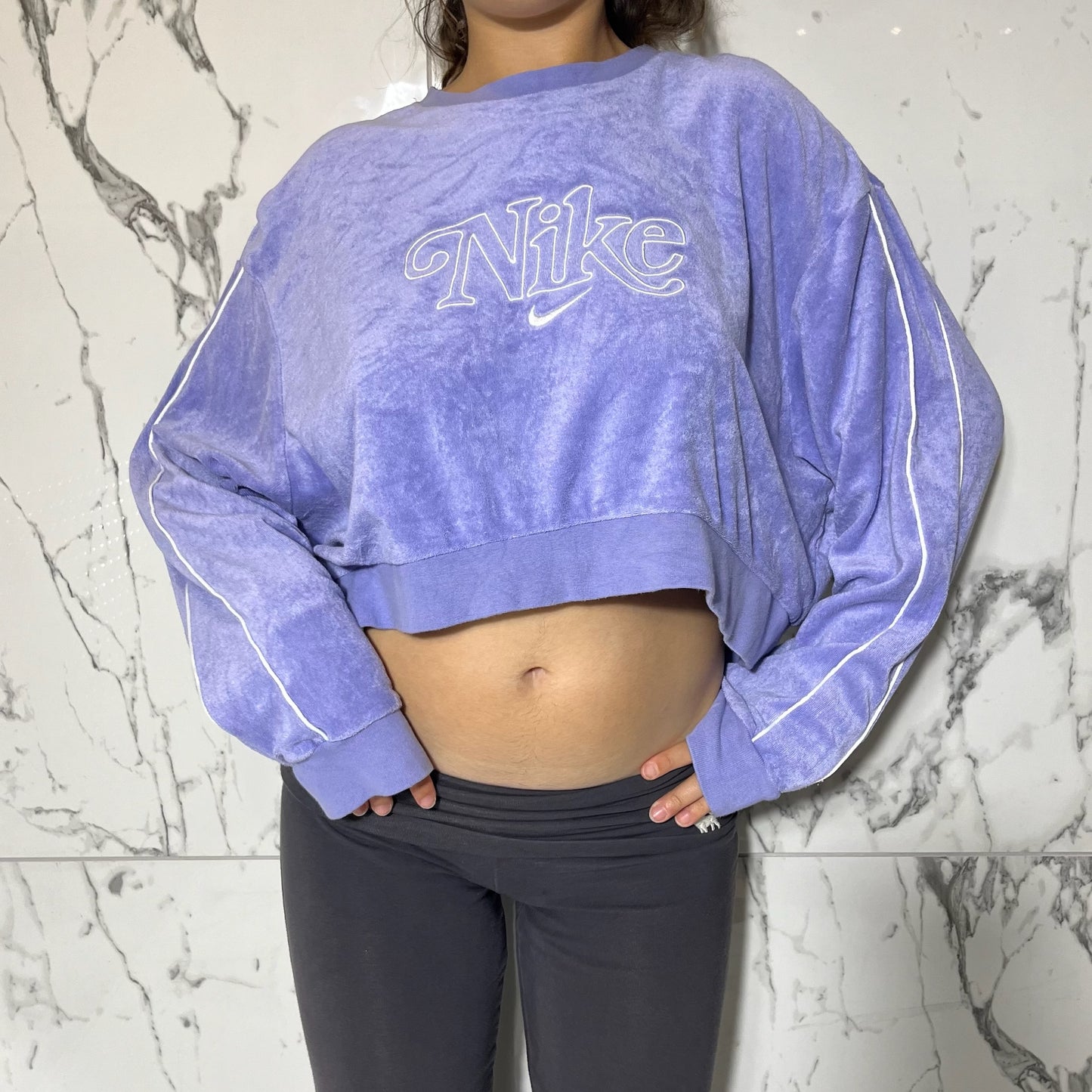 Nike purple and white cropped terry cloth sweatshirt