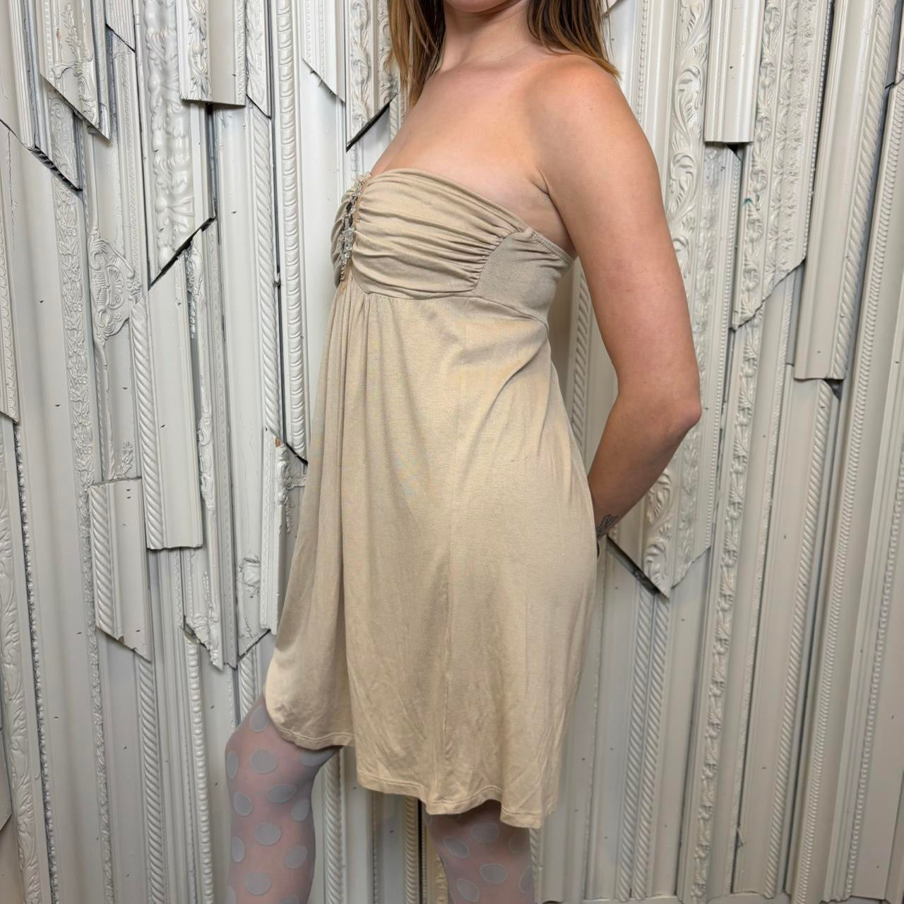 Ginger G champagne colored strapless mini dress