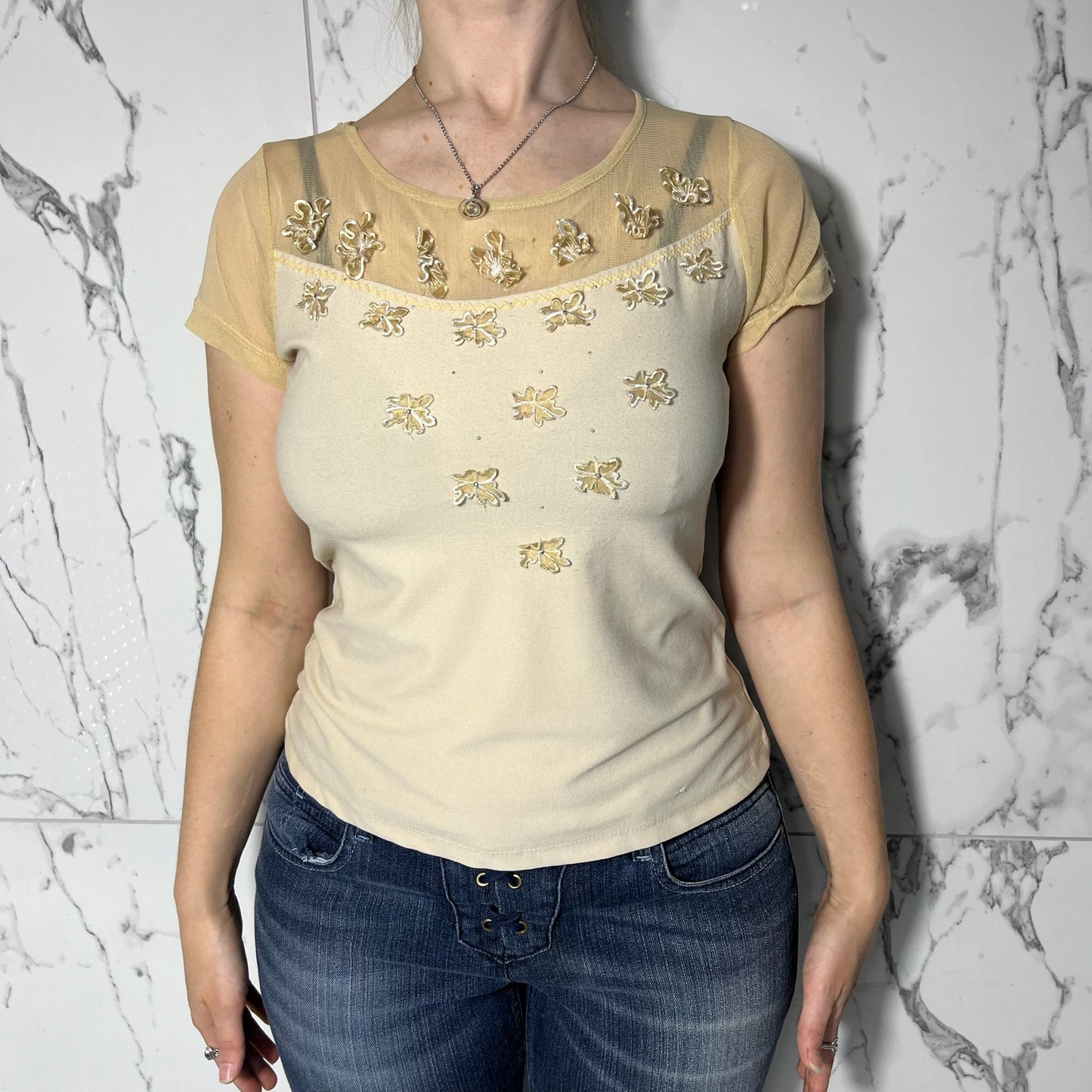 New Fashion cream double mesh top