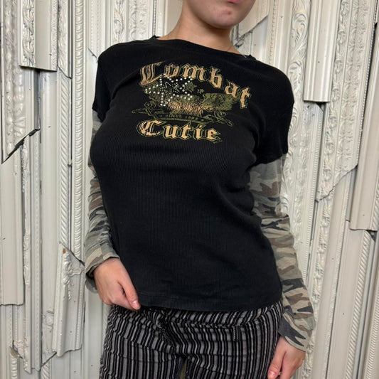 Big Flirt “Combat Cutie” black ribbed long sleeve with rhinestone star