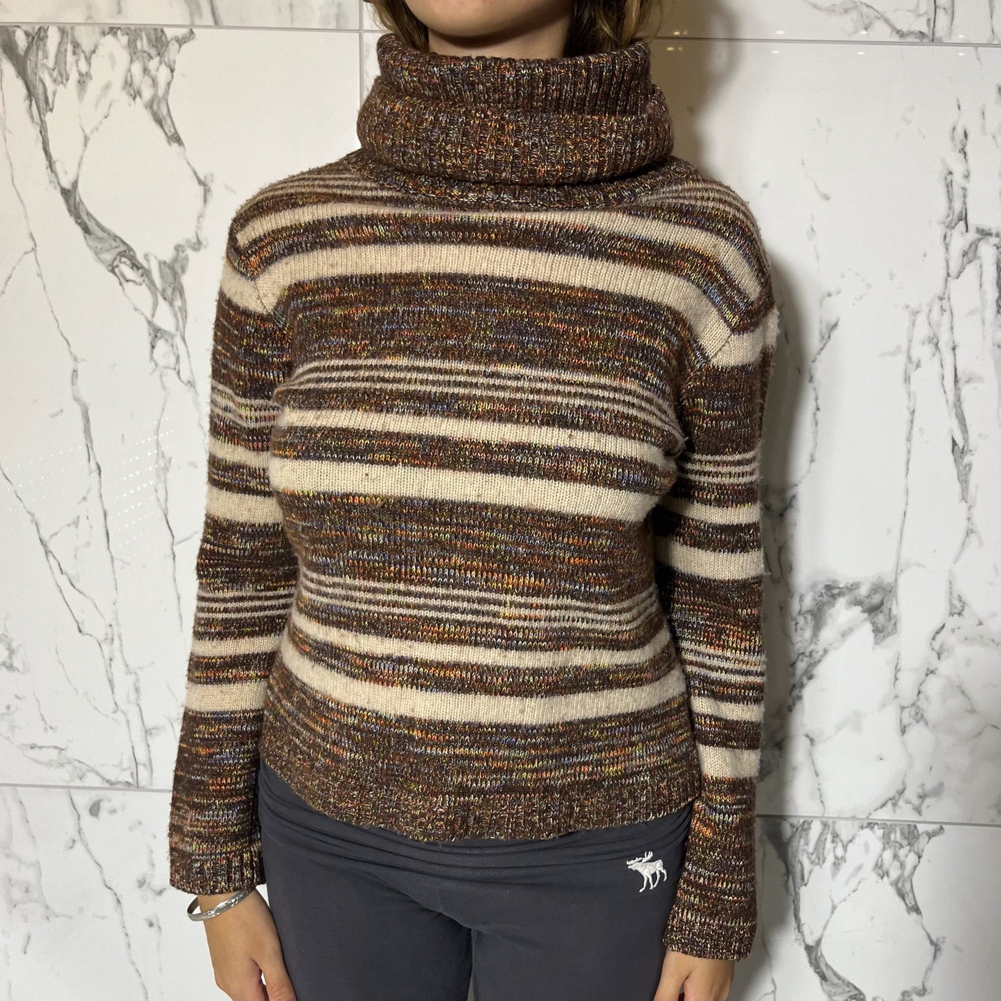 Wang LSN brown and tan striped knit turtleneck sweater