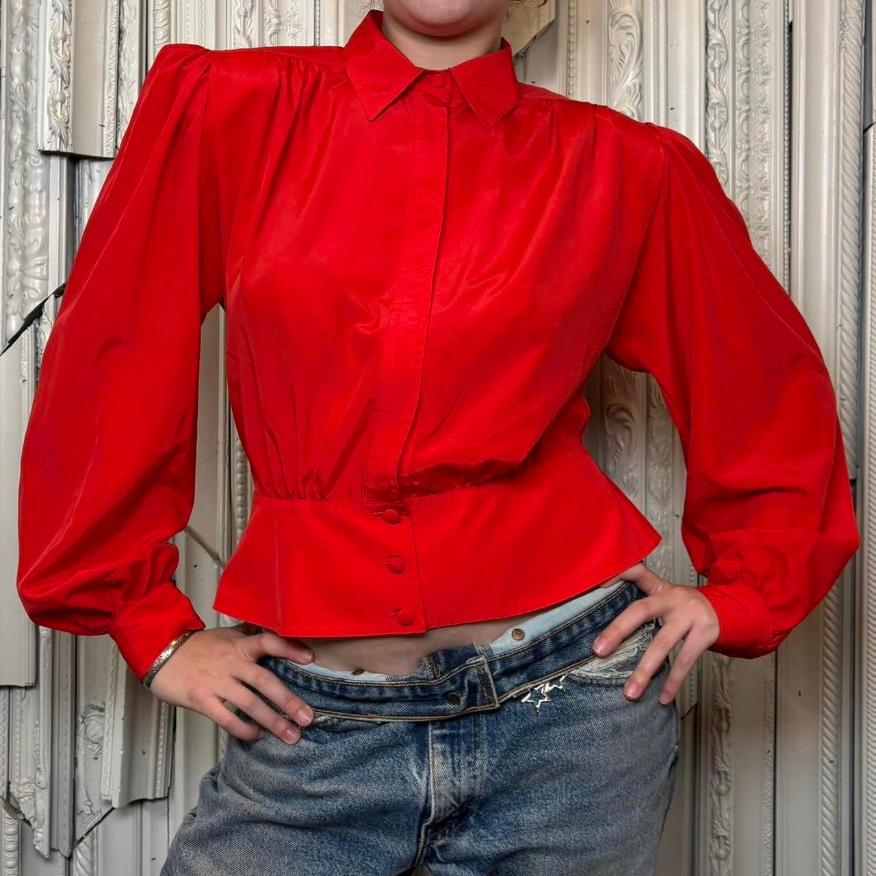 Josephine Petites red polyester button down collared blouse