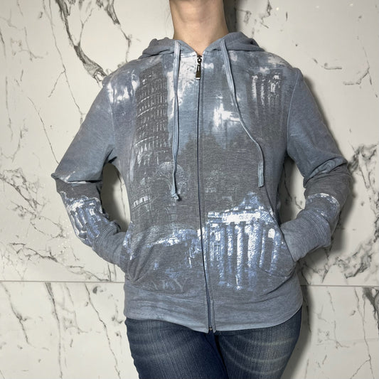 Green Tea grey, white and blue tone Italy graphic print zip-up hoodie jacket