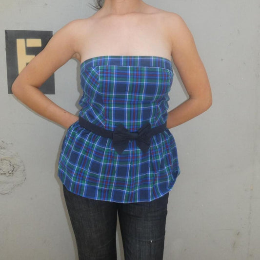 Abercrombie & Fitch Green and navy blue plaid strapless peplum top