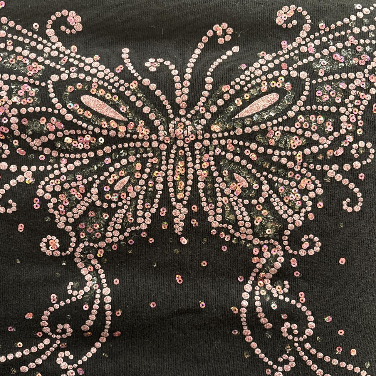 Fang black long sleeve tee with pink sequin butterfly on chest