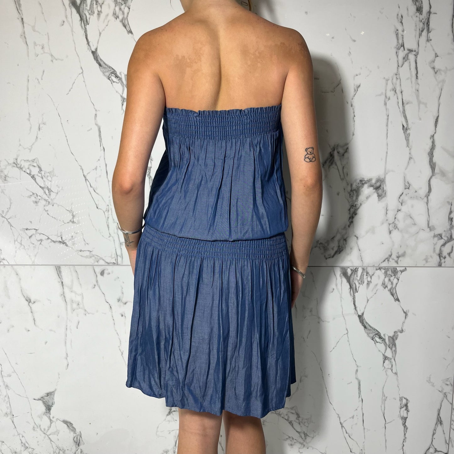 Veronica M navy blue strapless dress