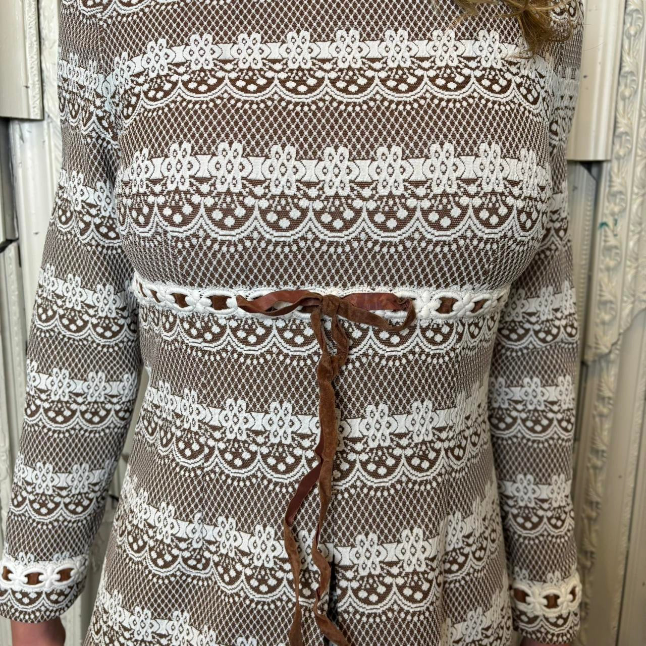 Vintage 60s brown and white mod long sleeve mini dress