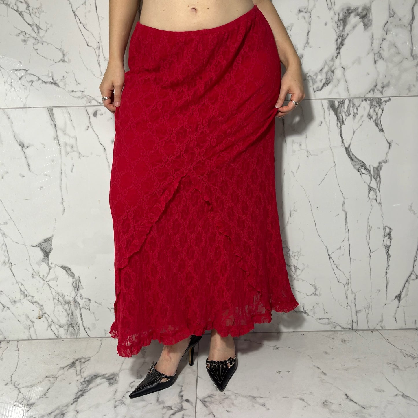 Ivu Jane red floral lace maxi skirt