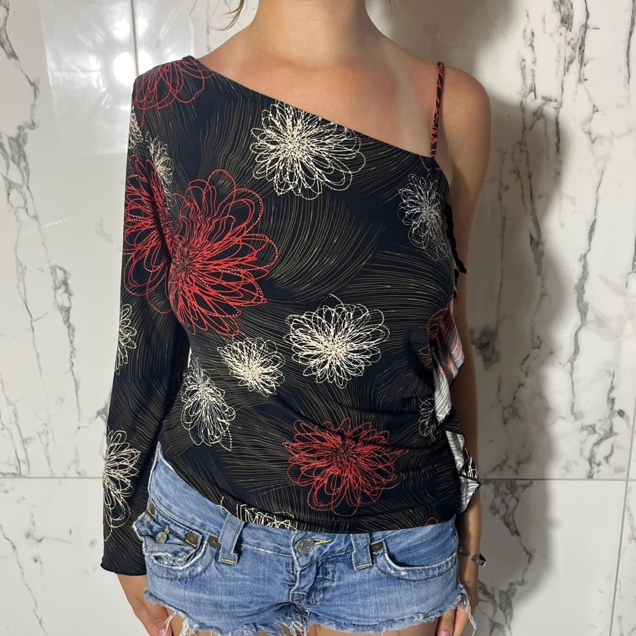 Green Ville USA one sleeve red, black, white, and grey abstract floral top