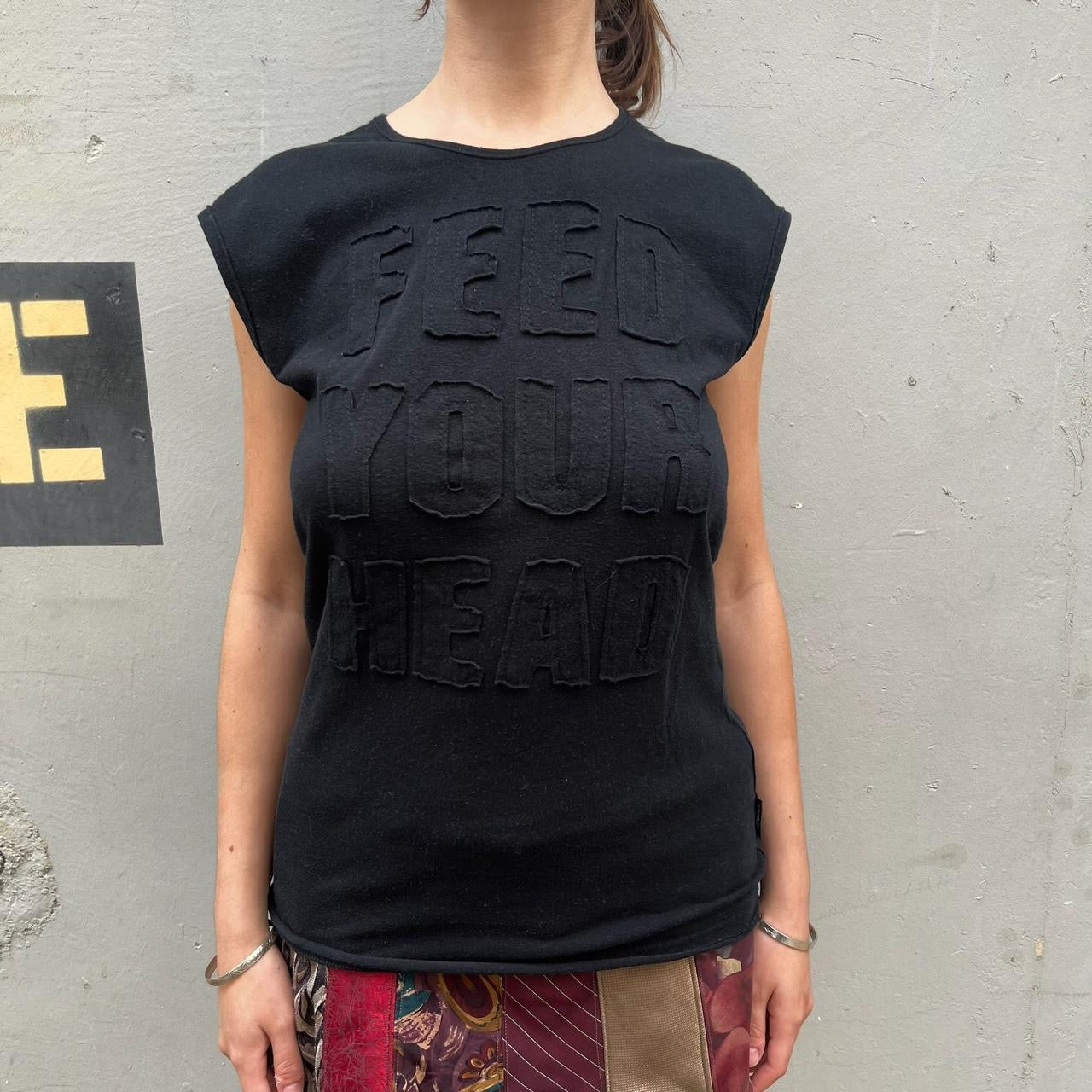 Hysteric Glamour black tank top with patchwork letters “feed your head”