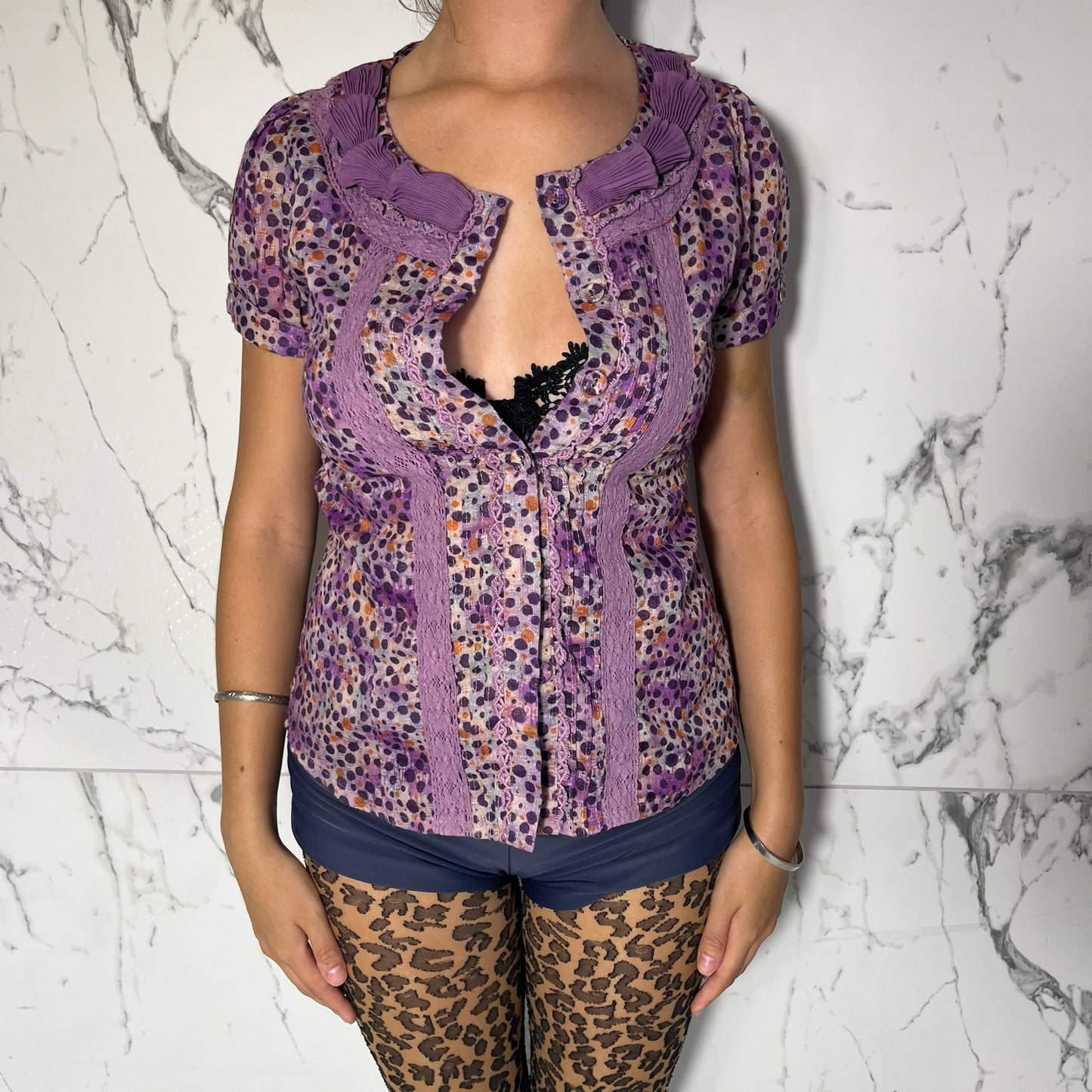 J&M purple and multicolored polka dotprint button down top