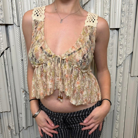 Mustard Seed floral lace tie front vest with ruffle and crochet detailing