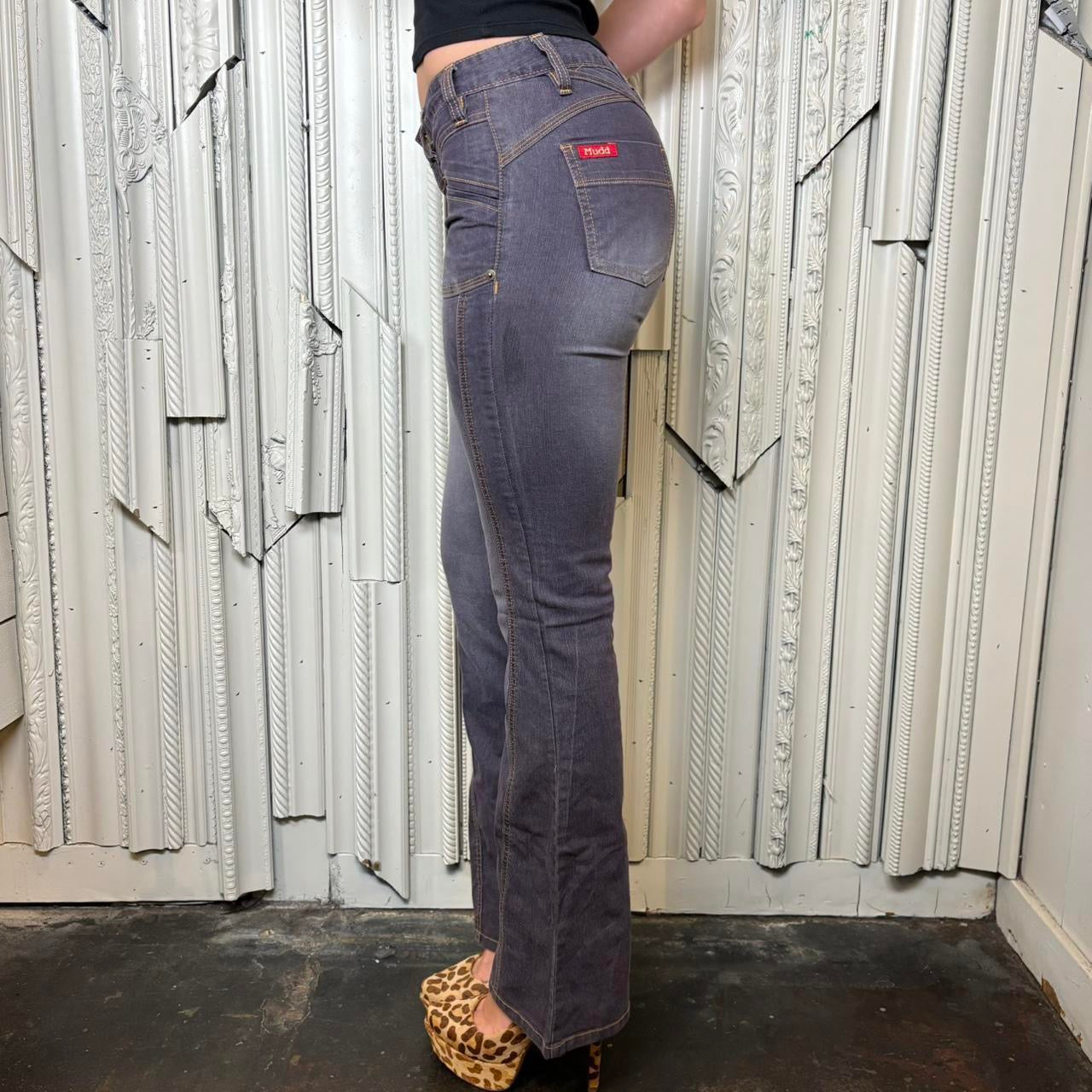 Mudd purple low rise flare jeans with orange stitching