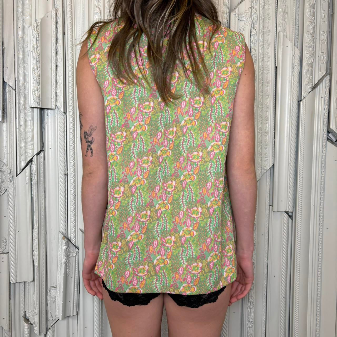 70s multi colored floral print longline vest with pockets