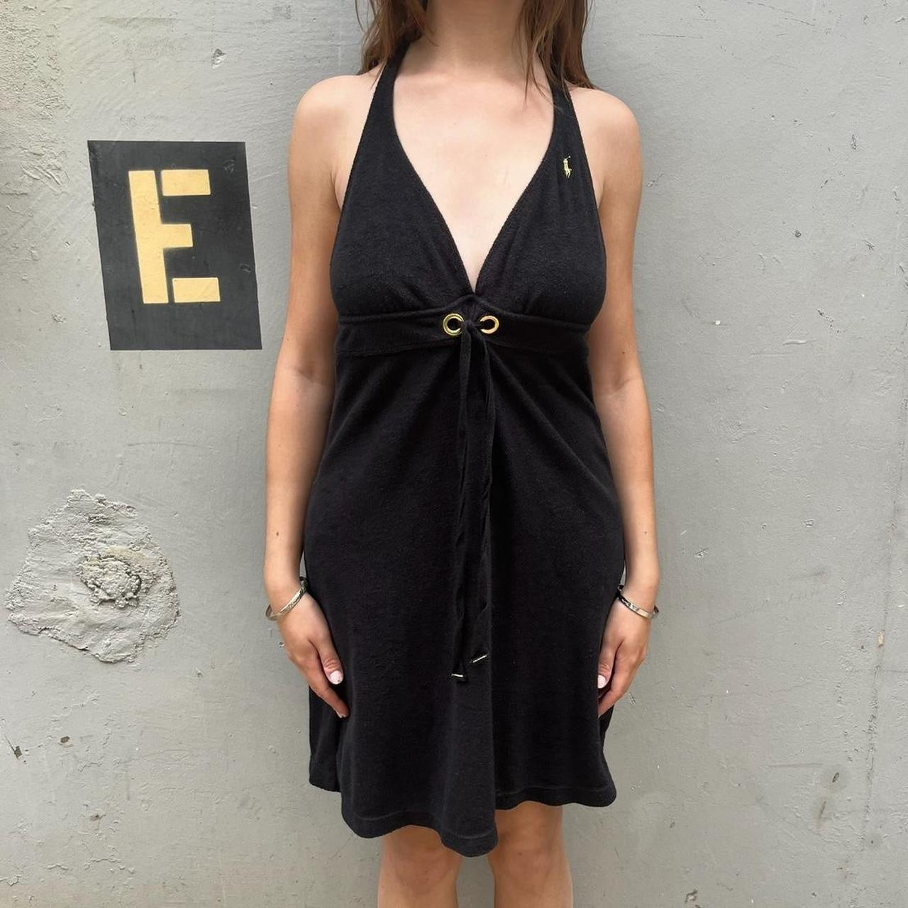 Ralph Lauren Black terry cloth tie neck halter dress