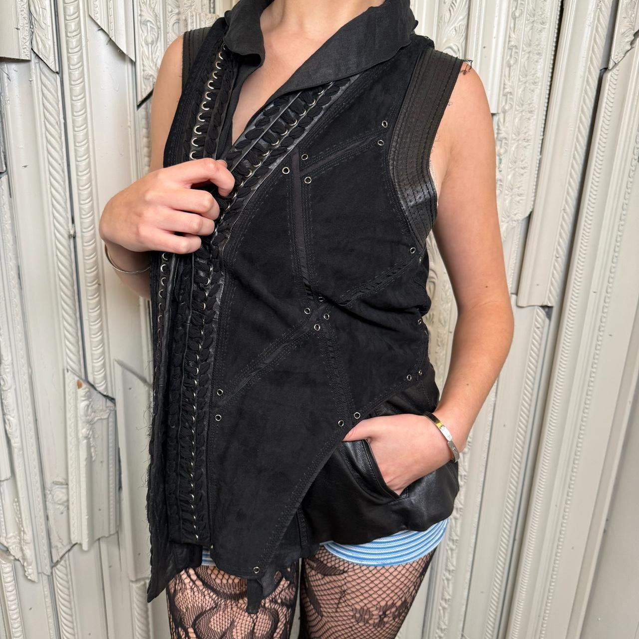 Ellie Tahari black leather double layer vest top