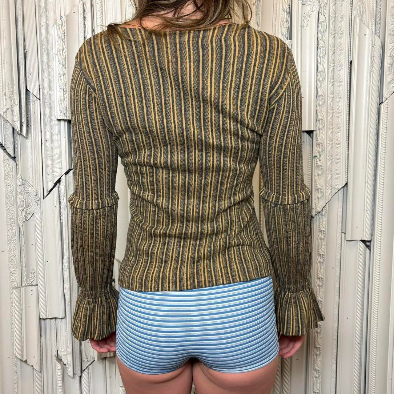 70s acetate/cotton blend blue and yellow boat neck long sleeve top