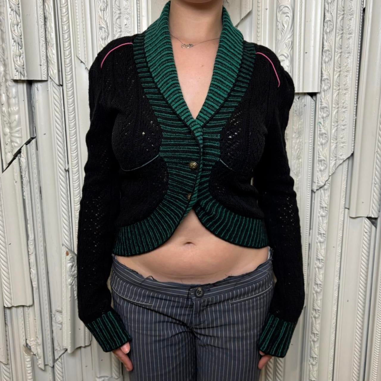 Diesel black and green button down cardigan with puff sleeves