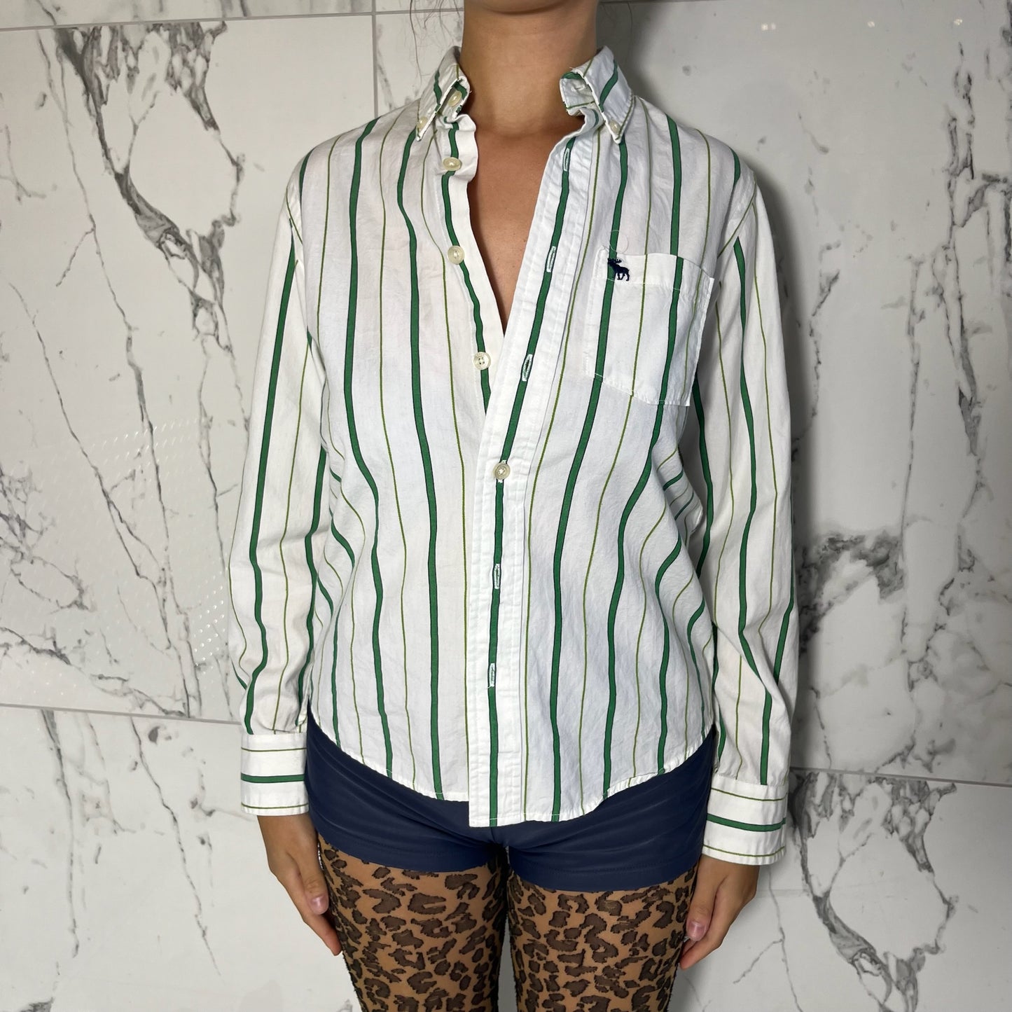 Abercrombie & Fitch green and white striped collared button down shirt