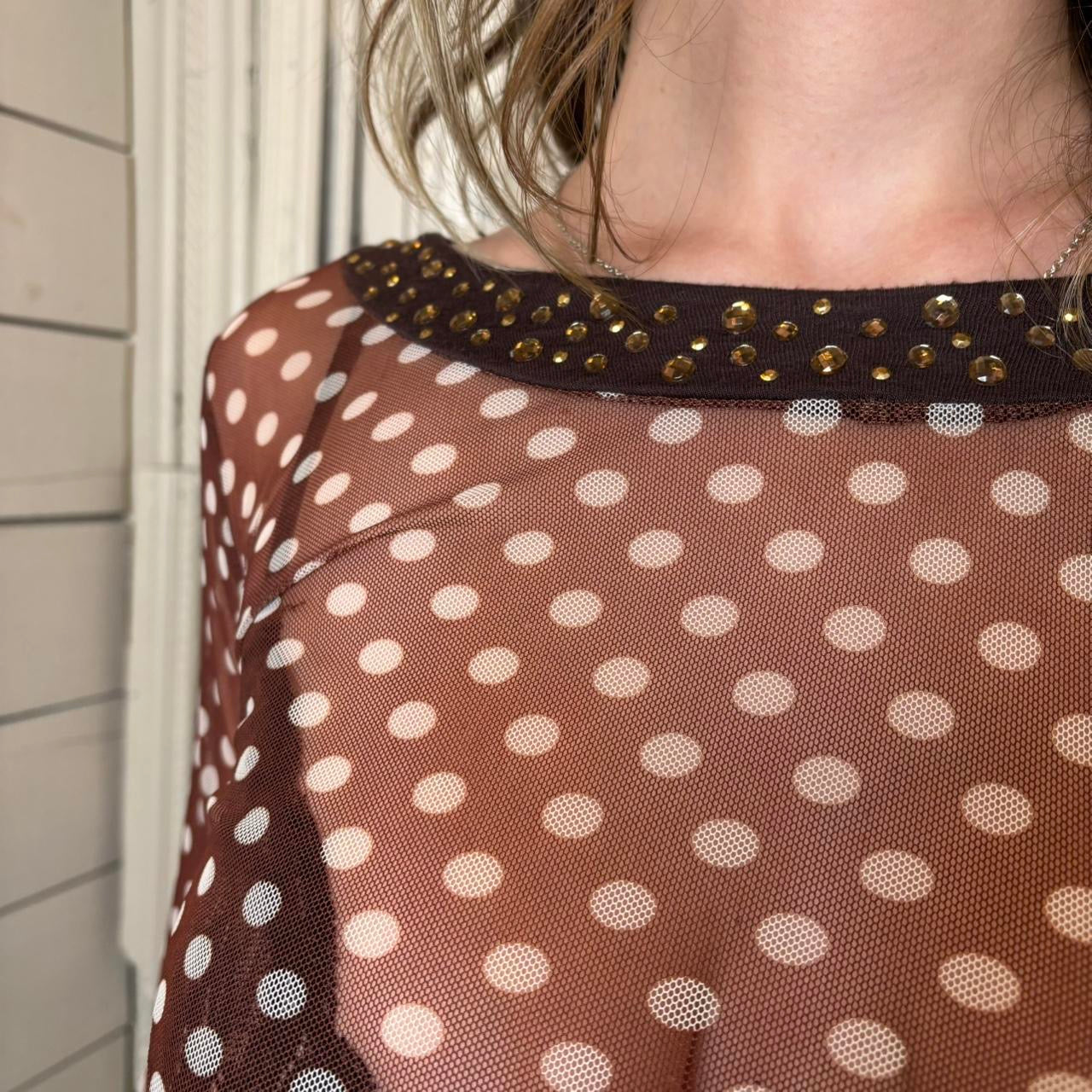 Miguelita brown and white polka dot mesh top