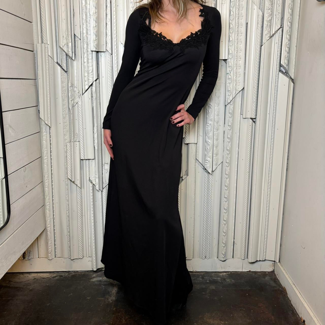 Luv Inc vintage black long sleeve gown with embroidery