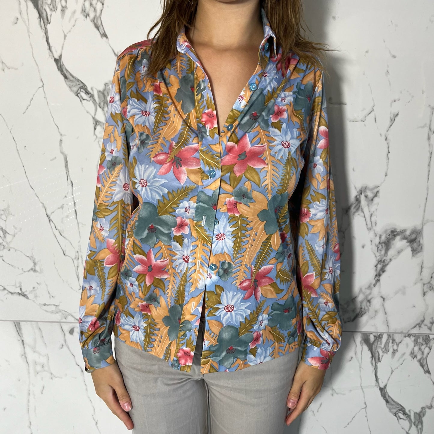 70s long sleeve multicolor floral print button up shirt