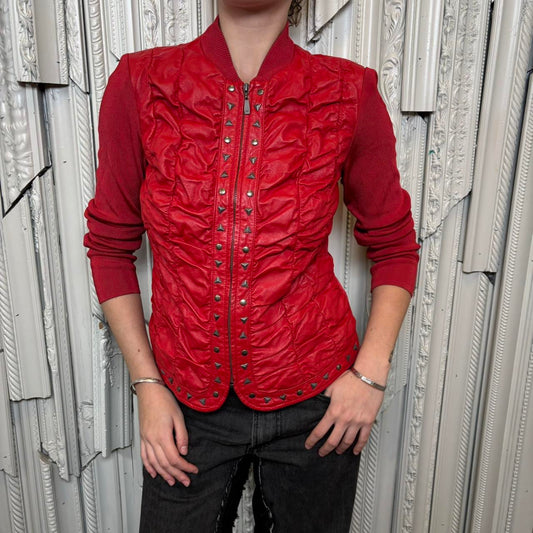 Peter Nygard red leather ruched zip up jacket with studded detailing