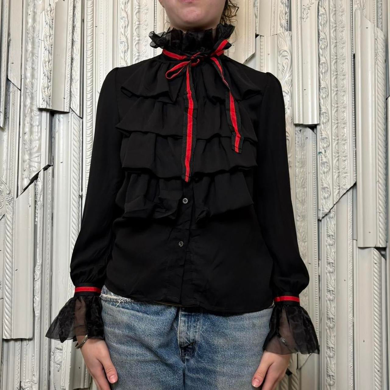 Dice black polyester tiered ruffle bust button down blouse